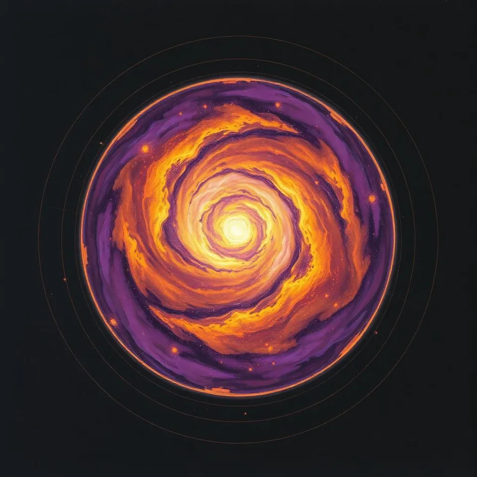 An abstract purple-and-gold spiral, evoking the material universe as a cross-section.