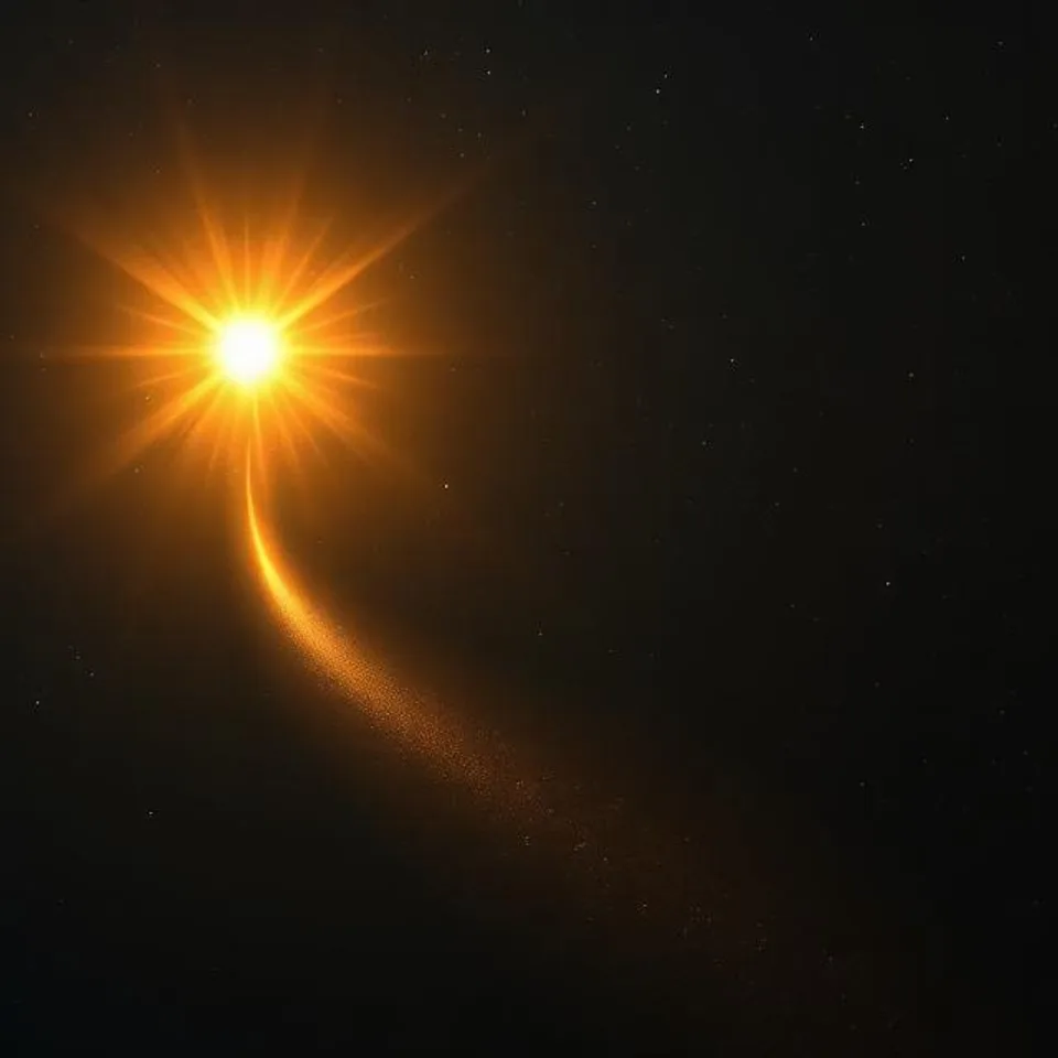A star with a trailing arc of light, evoking the Virajā River's boundary crossing.